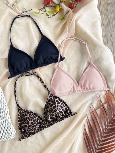 SHEIN Zestaw bikini dla nastolatek w stylu casual, na wakacje, z nadrukiem w panterkę i jednolitym białym/czarnym wzorem, 3 sztuki