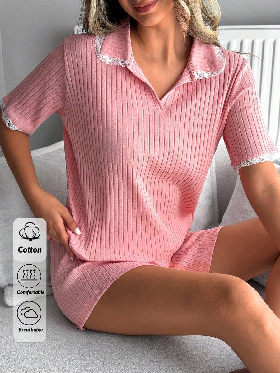 SHEIN Cozy Sweet Ribbed Knit Lace Trim Short Sleeve Pajama Lounge Set - Pink - View 1
