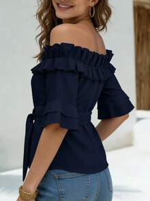 Hotletica White Off-Shoulder Ruffle Hem Casual Blouse For Women - Navy Blue - View 2