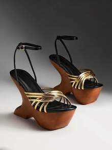 SHUZIA Giày sandal đế xuồng cao gót chunky quai chéo kim loại tối giản dành cho nữ. - Vàng - Xem 6