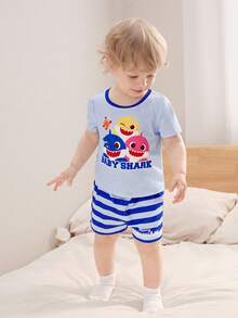 BABY SHARK X SHEIN Baby Boy Comfortable Cute Cartoon Shark Print Short Sleeve T-Shirt And Shorts Pajama Set, Summer - Blue - View 5