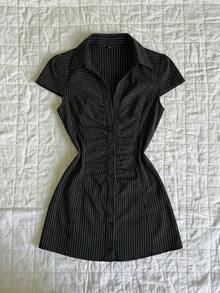Elamini 女士连衣裙，V领褶皱黑白条纹衬衫裙，条纹职业装，复古女士办公室工作服，女士正装，女士工作连衣裙，女士细条纹连衣裙，女士套装 - 黑色 - 查看 1