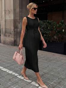 MaterniWear Maternity Solid Color Round Neck Waist Tie Casual Sleeveless Dress - Black - View 2