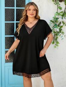 SHEIN CURVE+ 大码女式网纱拼接黑色连衣裙，宽松黑色连衣裙，情人节连衣裙 - 黑色 - 查看 8