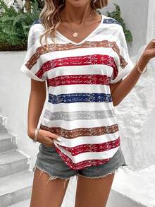 EMERY ROSE Color Block Striped Batwing Sleeve T-Shirt For Summer Graphic Tees Women Tops Golf White Basic - Multicolor - View 3