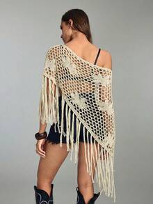 ROMWE Áo khoác ngoài nữ phong cách retro, hippie, móc len đính cườm, tua rua, thích hợp cho lễ hội âm nhạc. - Màu be - Xem 2