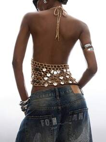 LYSMO Áo croptop hở lưng, cổ yếm, đính sequin gợi cảm dành cho nữ, thích hợp cho mùa hè. - Vàng - Xem 2