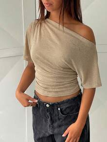 Aloruh Áo kiểu dáng rộng rãi, lệch vai, thắt eo, áo thun cơ bản tối giản. - Màu Khaki - Xem 9