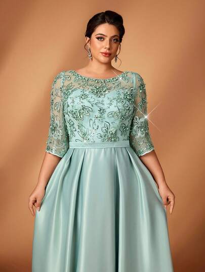 Serin Đầm maxi cỡ lớn sang trọng, thanh lịch với ngọc trai và sequin, ren, tay áo voan mỏng, chất liệu satin, xếp ly ở eo, phù hợp cho đám cưới, tiệc tùng, kỳ nghỉ, cô dâu, mẹ cô dâu.