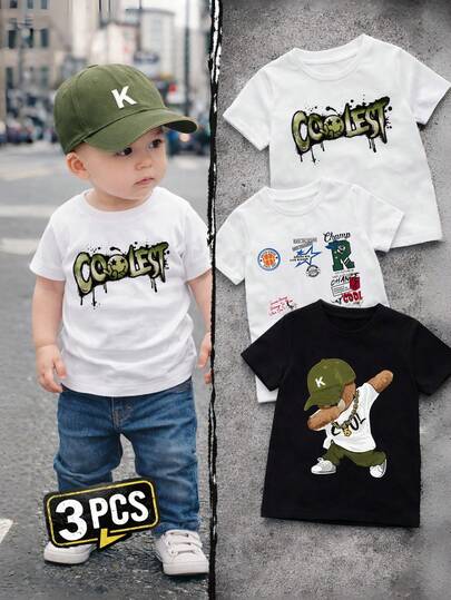 新生儿男宝宝男女通用婴儿幼儿6个月-3岁3件套，经典英文字母彩色针织柔软圆领短袖T恤，休闲套装，适合夏季、运动、日常穿着，简约风格