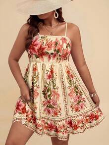 Travachic WYWH Women Vacation Spring Break Plus Floral Print Ruffle Hem Cami Flower Dress Summer Dresses For Size Sundresses - Multicolor - View 2
