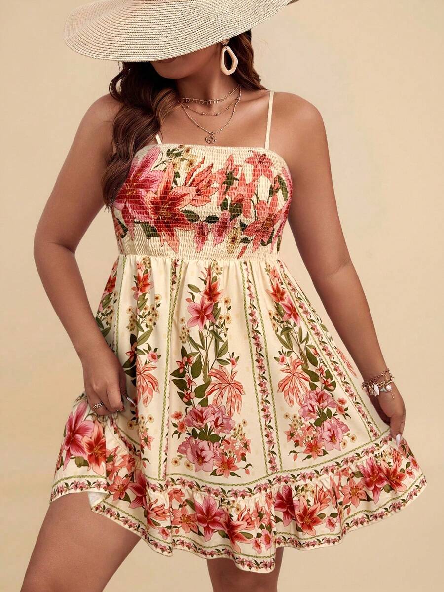 Travachic WYWH Women Vacation Spring Break Plus Floral Print Ruffle Hem Cami Flower Dress Summer Dresses For Size Sundresses