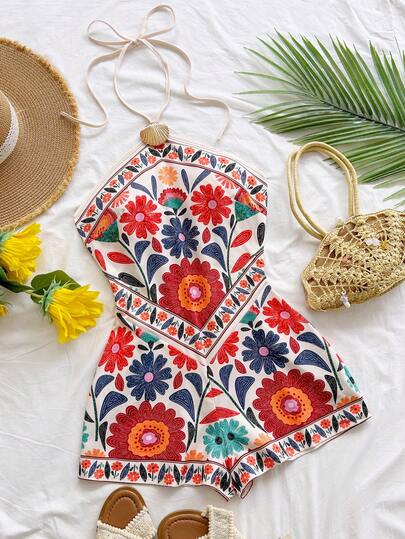 Soleia Nuevo mono floral de halter para vacaciones, adecuado para fiesta, cita, San Valentín, Pascua, carnaval, té de la tarde, playa, crucero, calle de la ciudad, estilo bohemio, romántico floral