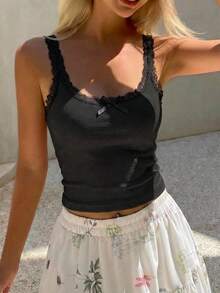 DAZY 女士夏季蕾丝拼接蝴蝶结装饰修身吊带背心，休闲性感上衣 Y2k - 黑色 - 查看 2