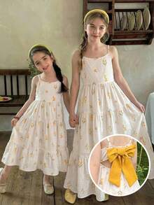 LMoss Kids Young Girl Ditsy Floral Tie Bow Ruffle Hem Dress, Suitable For Holiday & Travel Young Girls Dresses Kids Summer Dresses - Multicolor - View 7