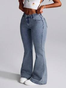 Selenza Quần jeans ống loe nữ, kiểu dáng thường ngày, thêu hoa, đã qua xử lý giặt. - Màu xanh lam - Xem 3