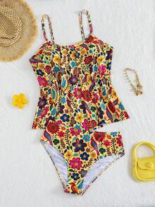 Swim Lushoire 2026 Set Baju Renang Tankini Wanita Ukuran Plus Terbaru, Baju Renang Dua Potong Motif Cetak Pinggang Tinggi dengan Hiasan Ruffle - Kuning - View 8