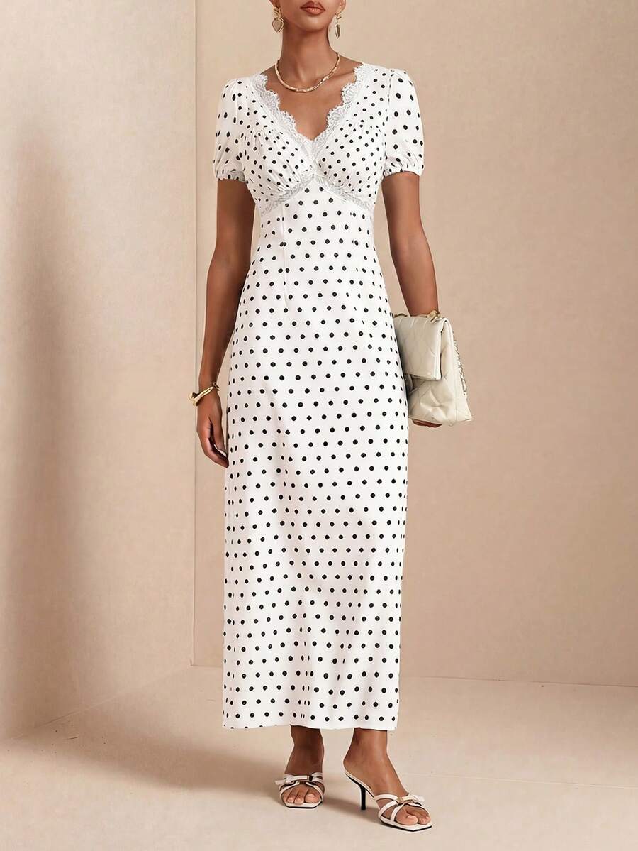 Vesra 女士波点印花蕾丝边法式度假连衣裙 - 白色 - 查看 1