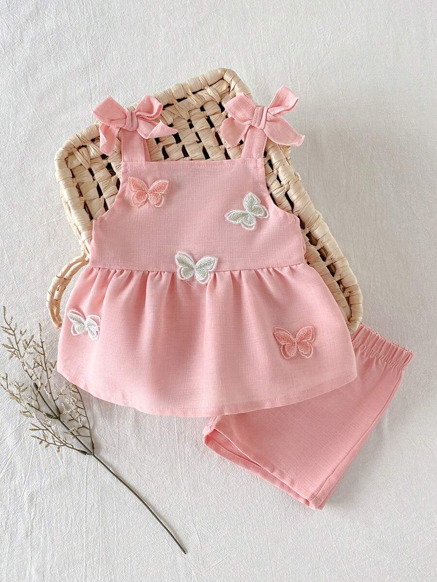 SHEIN 2件套女婴幼儿/新生儿0-3岁休闲日常可爱度假条纹蝴蝶结装饰吊带背心+短裤套装,春夏款 - 粉色 - 查看 1