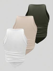 SHEIN ChicEase 女士纯色褶皱休闲百搭日常上衣 - 彩色 - 查看 2