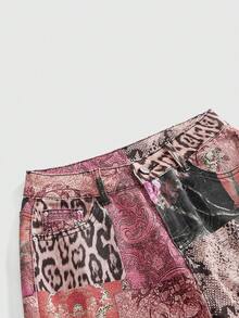 ROMWE Grunge Punk Retro Leopard & Floral Print Y2K Style Fitted Denim Shorts - Baby Pink - View 3