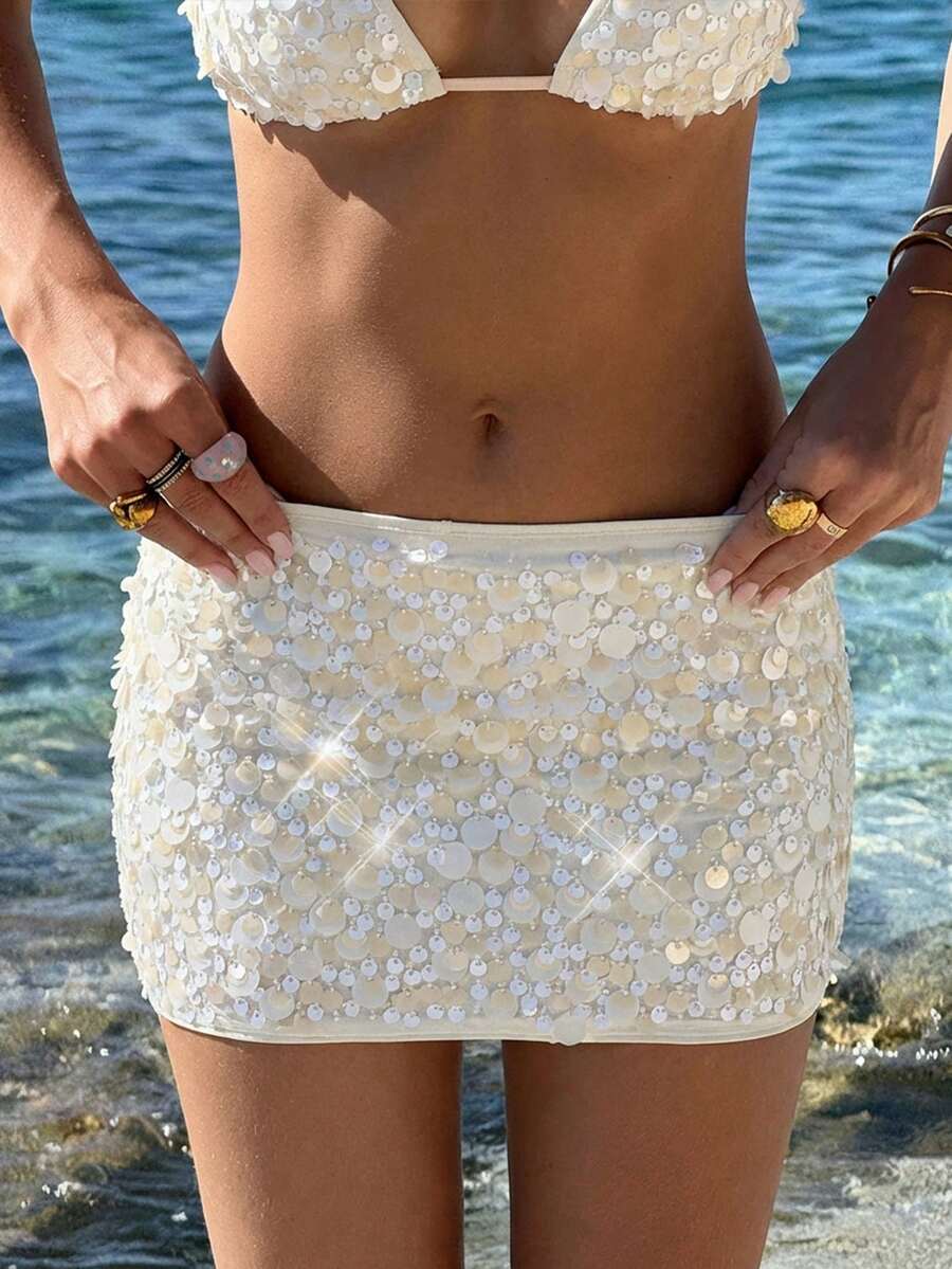 SHEIN ICON Chân váy mini ôm sát màu đen cạp cao siêu ngắn dành cho nữ - Màu be - Xem 1