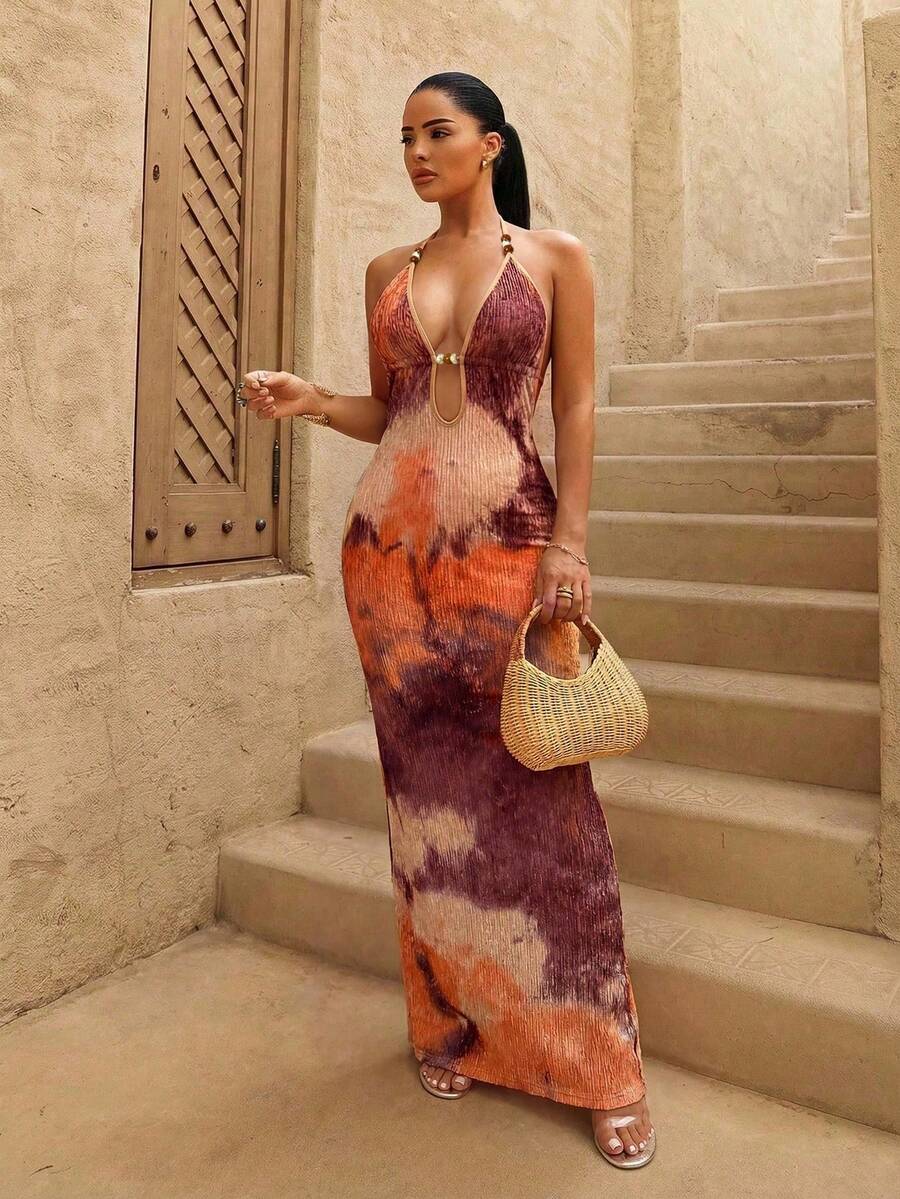 SHEIN BamGlam 2026夏季女款新款性感熱帶風深V領長洋裝,深紫色紋理面料,琥珀珠飾裝飾設計,適合海灘度假 - 肉桂靈感 - 查看 1
