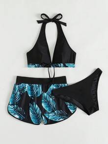 SHEIN Swim Tropical Print Halter Bikini,Summer Beach - Mint Blue - View 3