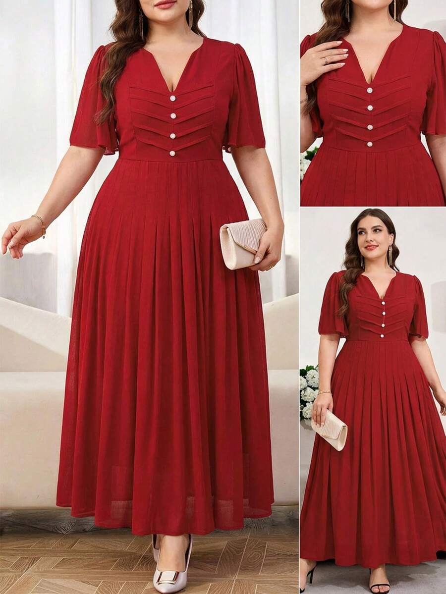 Reflora Red Plus Size Women V-Neck Ruched Waist Elegant Satin Party Summer Dress,Wedding Guest Formal Evening Gown,Prom Graduation Birthday Holiday Outfits - Red - View 1