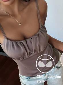 Livesso 优雅法式缎面褶皱胸垫吊带背心（女士款） - 淺灰紫 - 查看 1