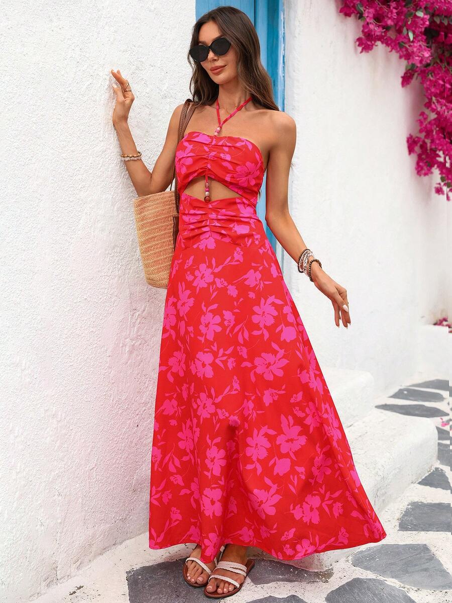 Vivid Eden Spring & Summer Vacation Woven Printed Waist Cutout Off-Shoulder Dress For Women - Watermelon Pink - View 1