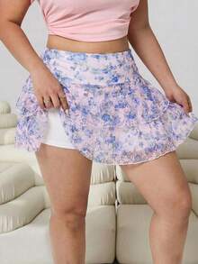 Solflare Falda evasé con estampado elegante para mujer de talla grande, primavera/verano - Azul - Ver 4