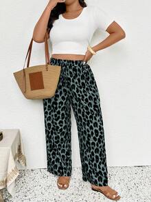 SHEIN Frenchy Plus Size Women Leopard Print Drawstring Waist Casual Pants - Multicolor - View 3