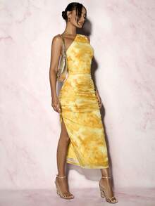 Glamine Vestido largo de mujer con un hombro, fruncido y abertura, teñido con tinta, para vacaciones - Amarillo - Ver 6