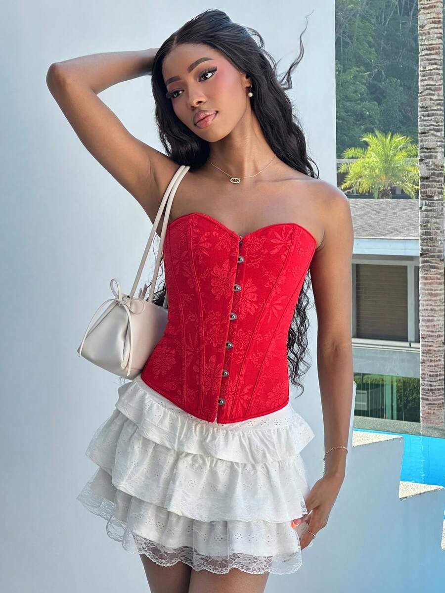 Mima John Women's Retro Palace Style Colorful Floral Jacquard Print Bandeau Crop Top With Buttons And Back Tie Red Corset Top Corset Tops For Women - Red - View 1