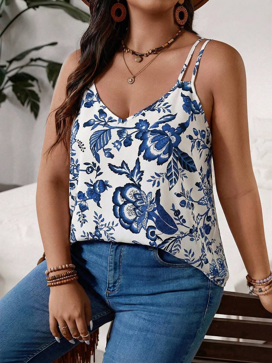 SHEIN VCAY 大码豹纹双肩带度假背心，秋冬新款时尚单品，法式女式上衣，喇叭袖，适合派对、返校、美式长款衬衫等场合，时尚百搭，前系带，教师装，复古风，通勤休闲，简约百搭，办公室穿着，复古风，简约百搭，纯色衬衫，秋季上衣，复古豹纹，动物纹，教师上衣，V领，女士休闲上衣，适合外穿 - 彩色 - 查看 1
