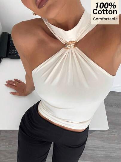 Siren Gaze Blusa casual sin mangas con cuello alto y decoración metálica, para ir al trabajo y de vacaciones