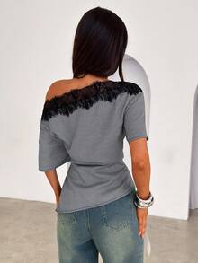 Siren Gaze 女士撞色蕾丝千鸟格不对称肩部上衣 - 彩色 - 查看 4