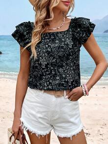 Sylviya 女士休闲碎花蝴蝶结后背荷叶边短袖上衣，适合春夏日常外出和度假穿着。夏季女式上衣，夏季女式上衣，度假女式上衣，夏季可爱碎花夏季上衣，休闲夏季上衣 - 黑色 - 查看 2