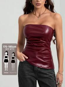 SHEIN Tall Sleeveless Solid Color PU Leather Crop Top, Minimalist Fashion Casual Everyday Wear - Burgundy - View 10