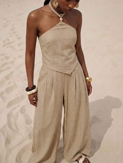 Zivah New Summer Casual Vacation Boho Khaki Twisted Braided Halter Neck With Wooden Bead Embellishments Tank Top+Wide-Leg Pant Two Pieces Set.Suitable For Everyday Wear, Travel, Vacations, Holidays, Beaches, Nomadic Looks, Western Vibes, Party, Festivals, Music Festivals, Airport Outfits, Brunch Outfits,Lounging At Home-O