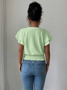 Selianne Summer Casual Vacation Jacquard Knit Round Neck T-Shirt - Green - View 2
