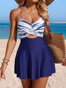 Swim Lushoire 女士扎染印花镂空设计吊带沙滩裙 - 藍白色 - 查看 1