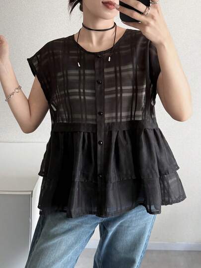 FRIFUL Áo kiểu nữ cổ tròn, chất liệu vải kẻ caro toàn thân, viền trang trí nhiều lớp, dáng rộng không tay.