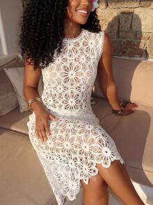 BamGleam Women's Casual Daily Wear Hollow Lace Design Long Blouse - White - View 6