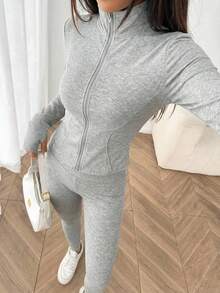 SHEIN EZwear 女士灰色花卉针织长袖上衣和紧身裤运动套装 - 彩色 - 查看 9