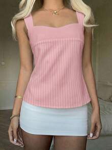 CovetEZ 2026新款甜美派对拼接露背系带吊带背心，休闲简约日常穿搭，生日装扮，度假装扮，女士夏季装扮，粉白条纹 - 彩色 - 查看 4