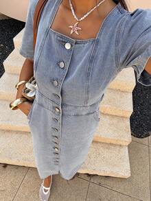 DAZY Women's Square Neck Waist Cinched X-Shaped Short Sleeve Mid-Length Button Down Denim Dress, Spring & Summer - Blue - View 3
