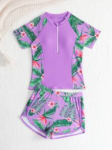 SHEIN 少女比基尼泳装，紫色热带印花针织面料无袖露脐上衣和短裤两件套，可爱学院风，适合度假、海滩、泳池、夏季假日派对。女童泳装套装，带袖热带印花泳衣防晒衣套装。 - 淡紫色 - 查看 5