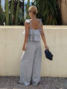 DAZY 春夏镂空不对称吊带背心和阔腿裤两件套女装 - 藍色 - 查看 2